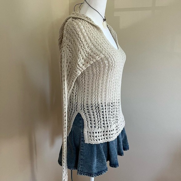 Vintage Y2K Hollister Beachy Boho Cream Crochet Chunky Knit Sweater Hoodie S - Picture 3 of 8